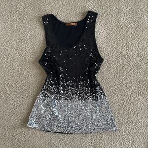 Y2K VINTAGE BELLDINI BLACK/SILVER OMBRÉ SEQUIN TANK TOP - SIZE XL